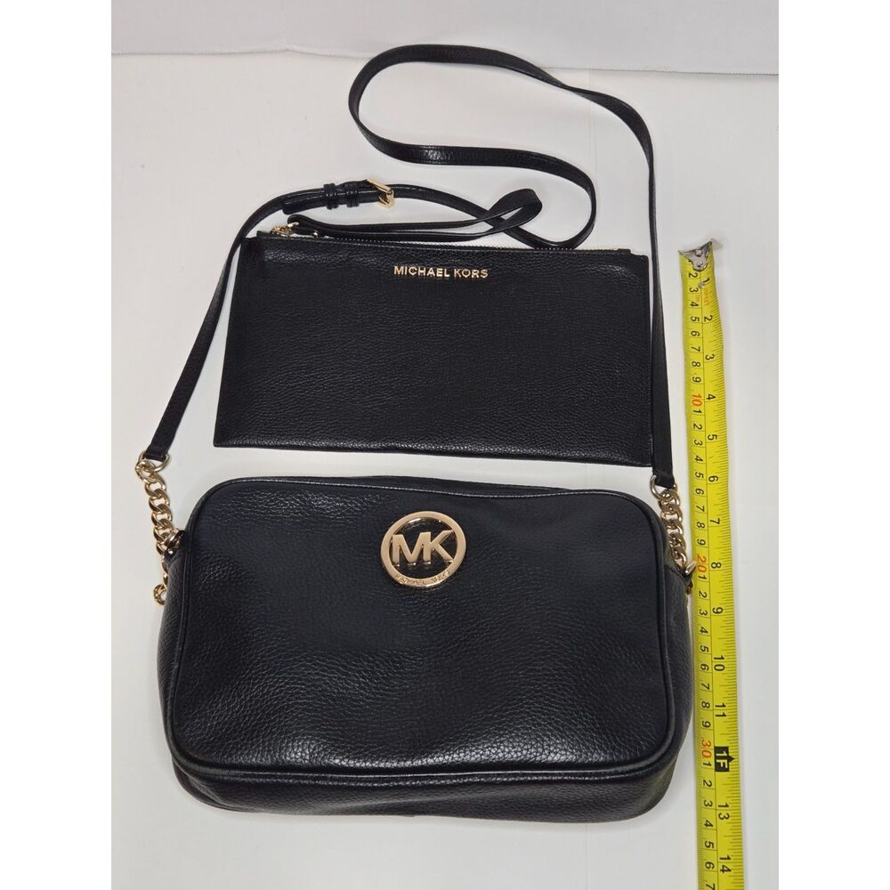 Michael Kors Fulton Crossbody & Pouch Bundle | Black Pebbled Leather | Gold - Picture 12 of 16